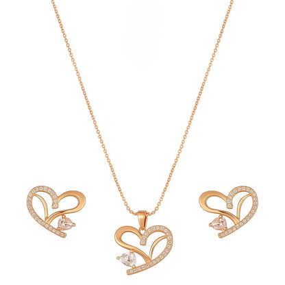 American Diamond Rose Gold Plated Love Shaped Pendant Necklace Set with Chain & Stud Earring for Girls and Women