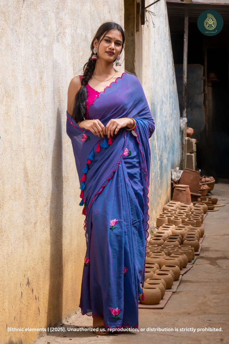 Blue Mul Cotton Saree With Lotus Hand Embroidery