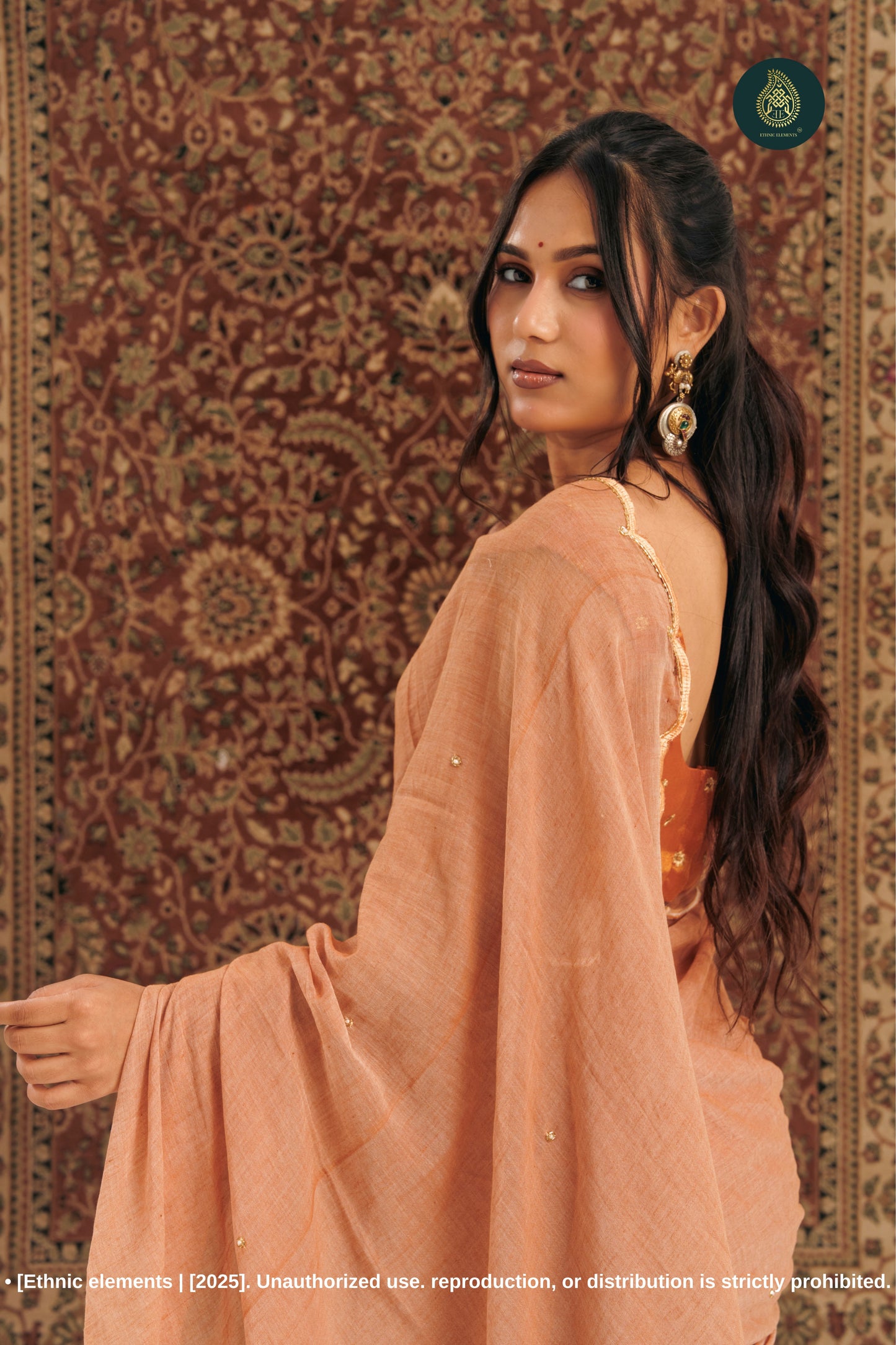 Handcrafted Zardozi & Cutdana Mul Cotton Saree - Rust Vanilla