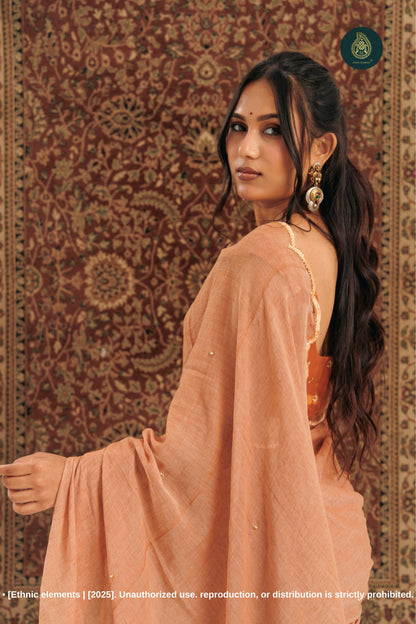 Handcrafted Zardozi & Cutdana Mul Cotton Saree - Rust Vanilla