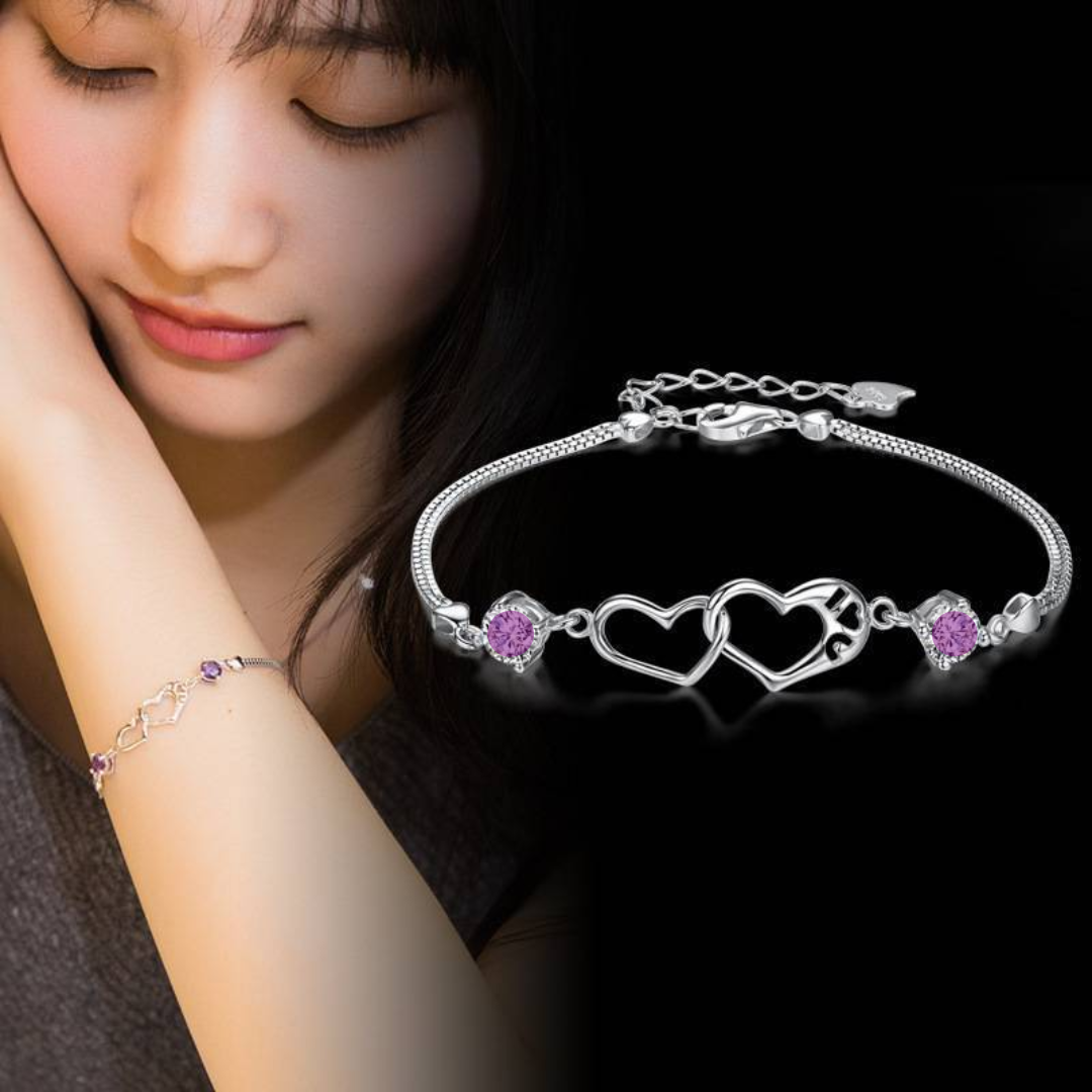 Double Heart Purple CZ Charm Bracelet