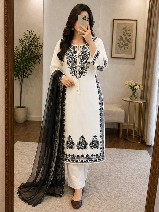 Rayon Chikankari Work Kurti Pant Dupatta Set