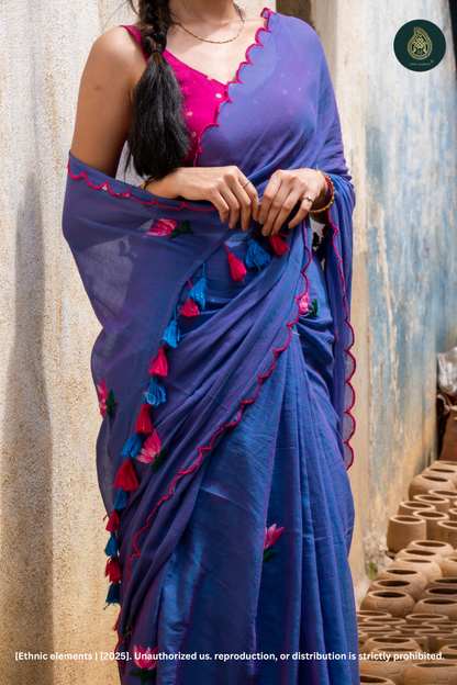 Blue Mul Cotton Saree With Lotus Hand Embroidery