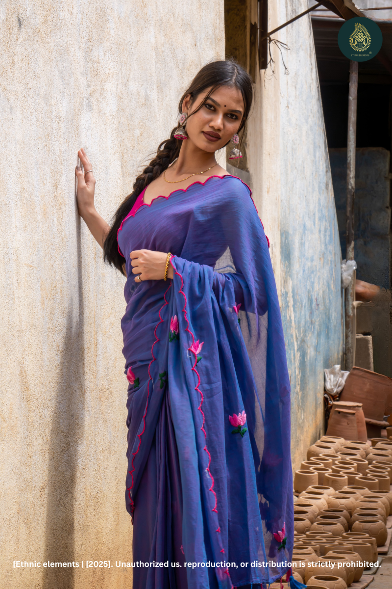 Blue Mul Cotton Saree With Lotus Hand Embroidery