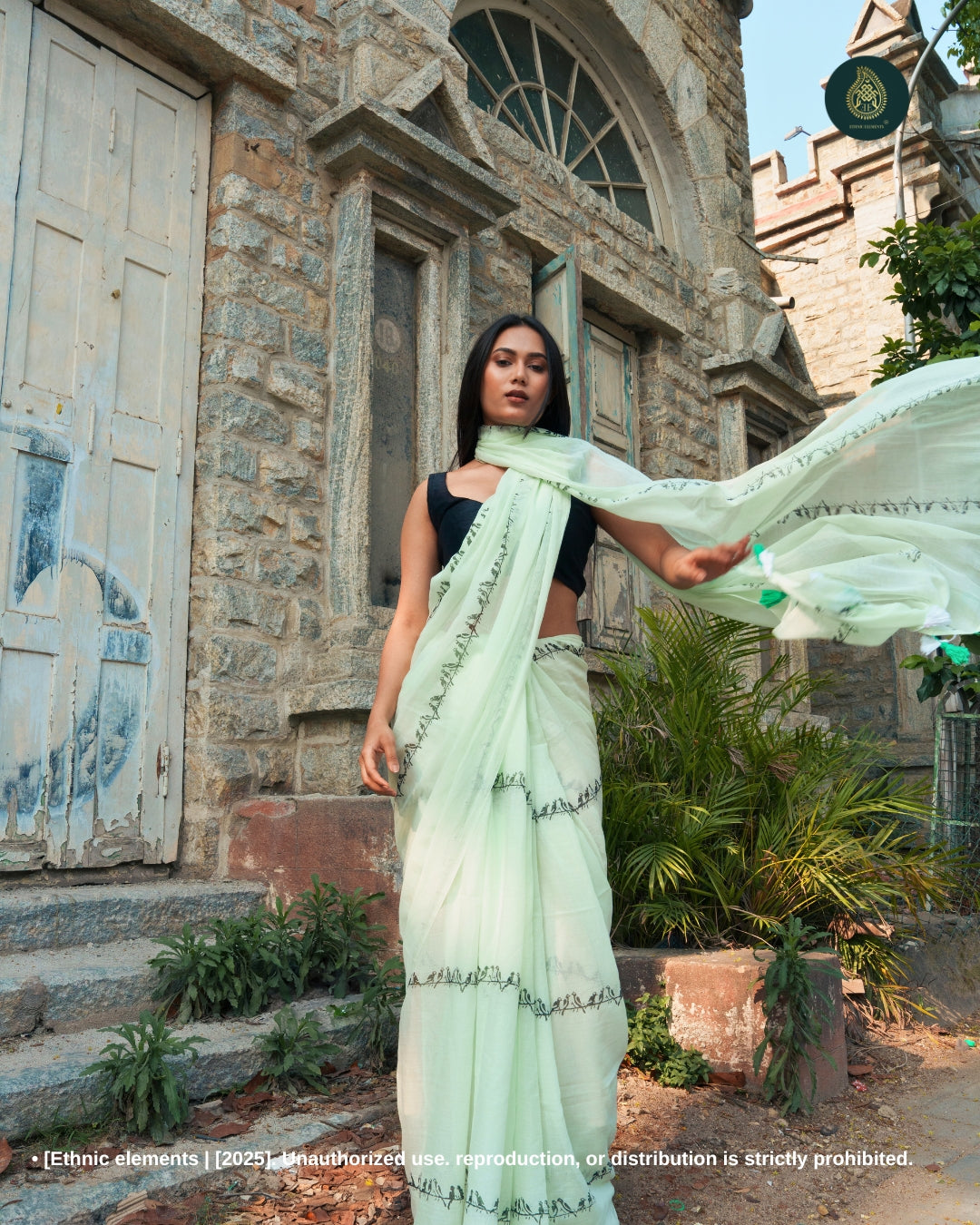 Hand Block Printed Mul Cotton Saree - Mint Chidiya