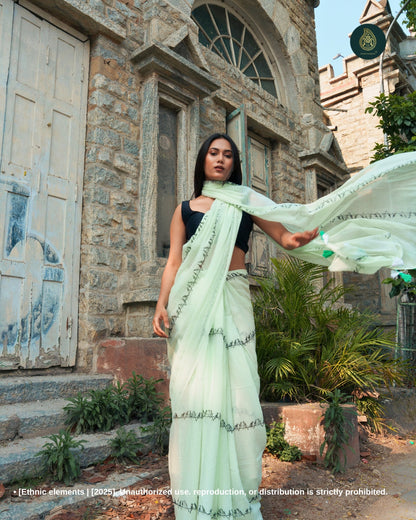 Hand Block Printed Mul Cotton Saree - Mint Chidiya