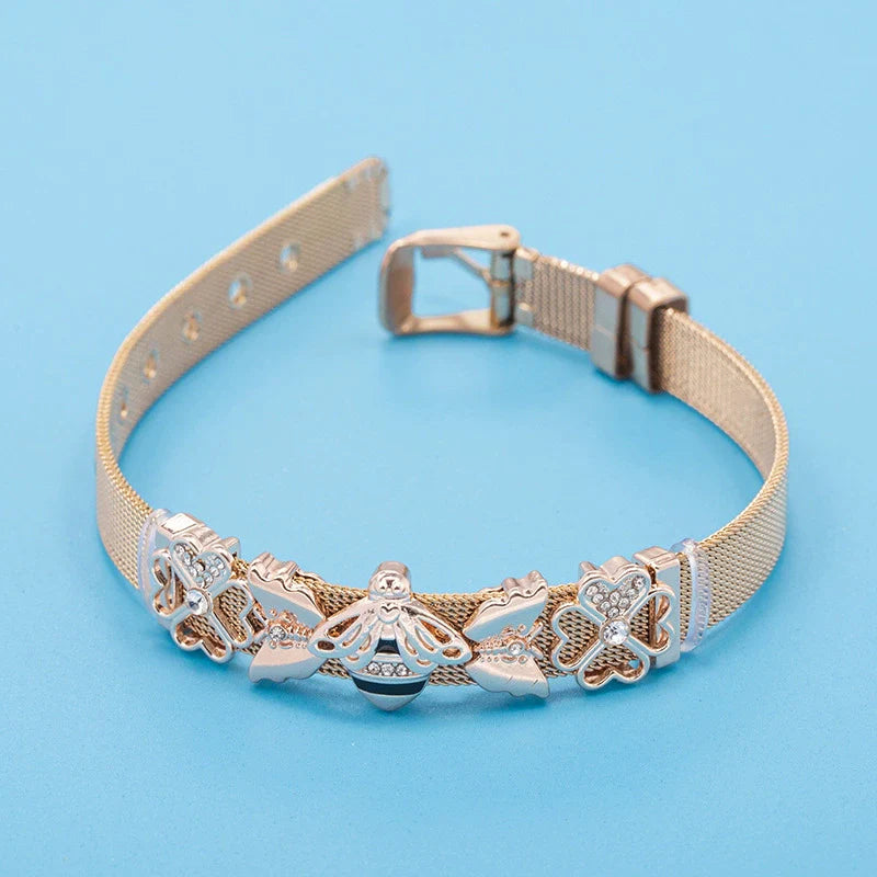Just Lil Things Rose Gold Mesh Bracelet with Crystal-Accented Flower Charms JLTB0865