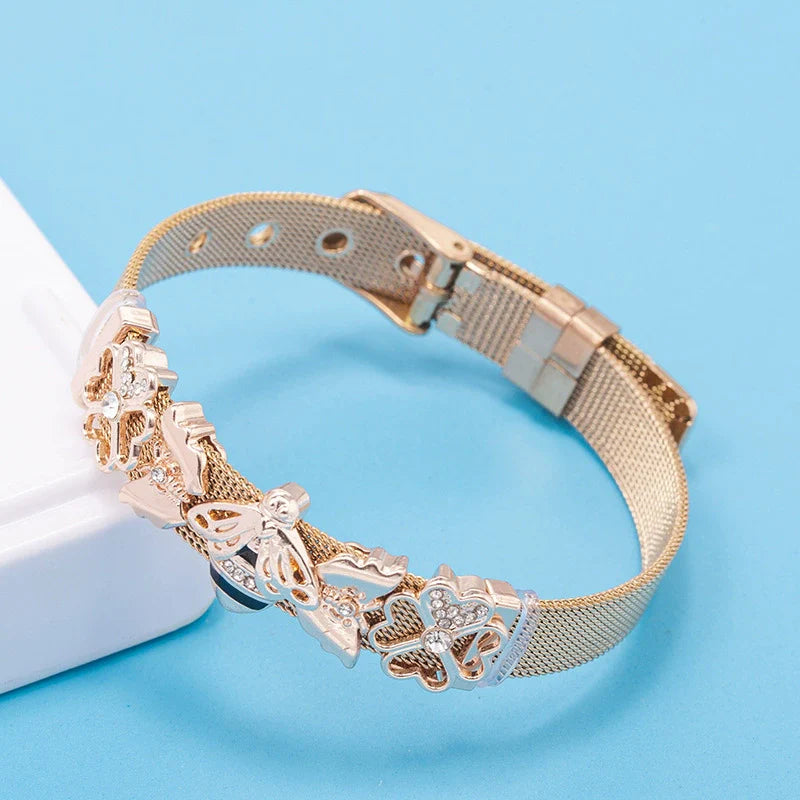Just Lil Things Rose Gold Mesh Bracelet with Crystal-Accented Flower Charms JLTB0865