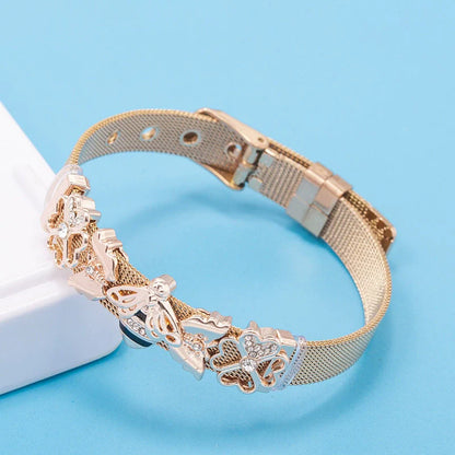 Just Lil Things Rose Gold Mesh Bracelet with Crystal-Accented Flower Charms JLTB0865