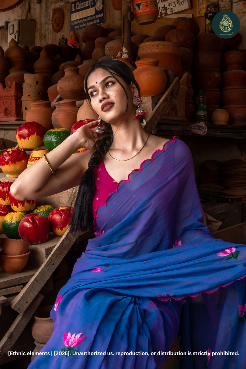 Blue Mul Cotton Saree With Lotus Hand Embroidery