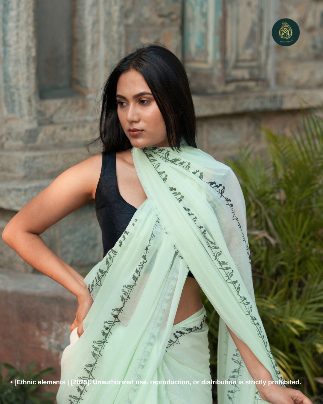 Hand Block Printed Mul Cotton Saree - Mint Chidiya