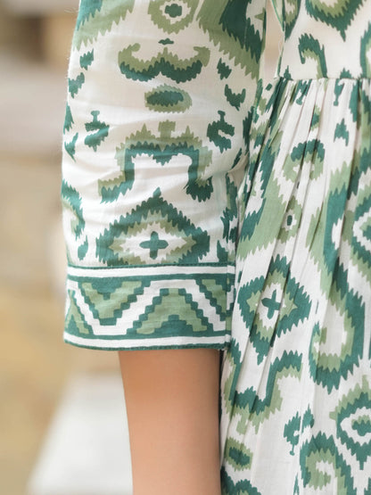 Women Green Ikat Printed Pure Cotton A-line Tops