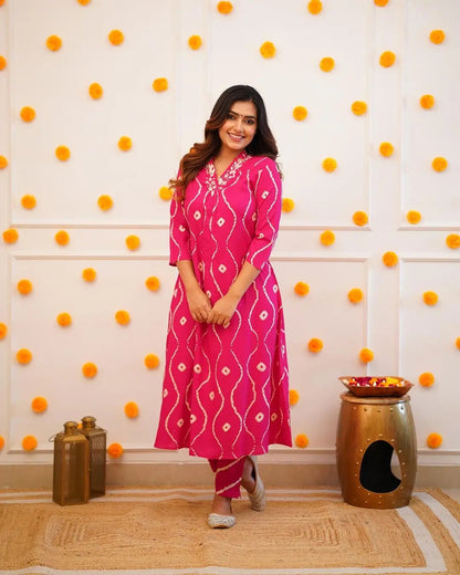 Neckline Thread Work Leheriya Kurti Pant Set (Stitched) - Premium  from Ethenika.com - Just INR 1990! Shop now at Ethenika.com 
