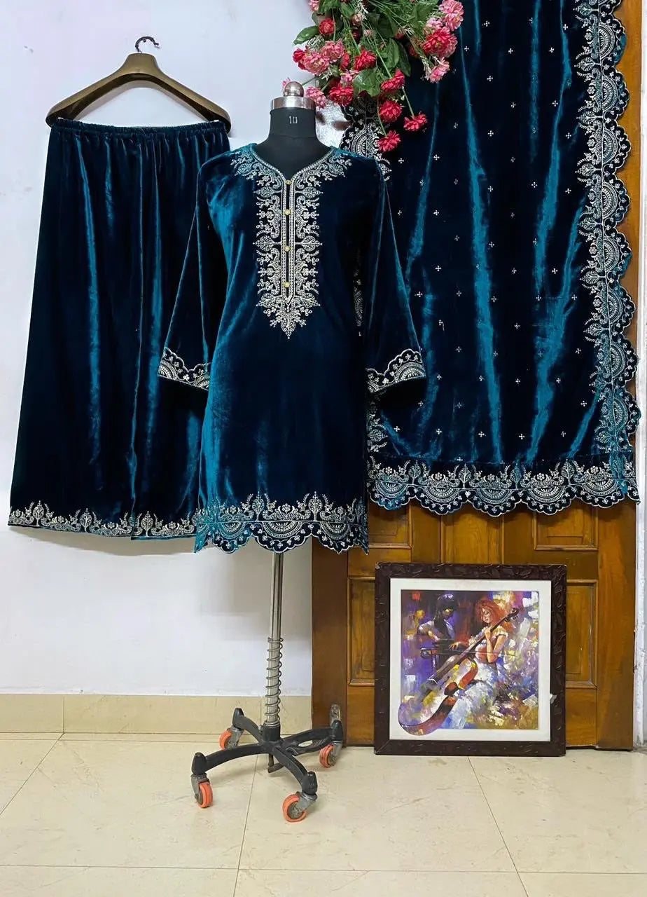 Winter Special Velvet Kurti Pallazo Dupatta Set (Stitched) - Premium  from Ethenika.com - Just INR 2790! Shop now at Ethenika.com 