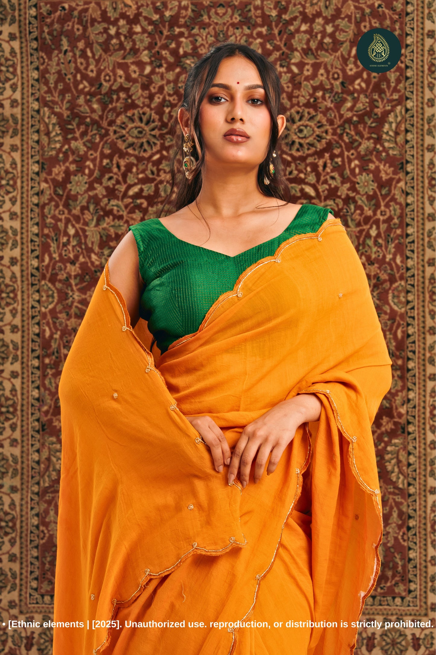 Handcrafted Zardozi & Cutdana Mul Cotton Saree - Marigold Yellow