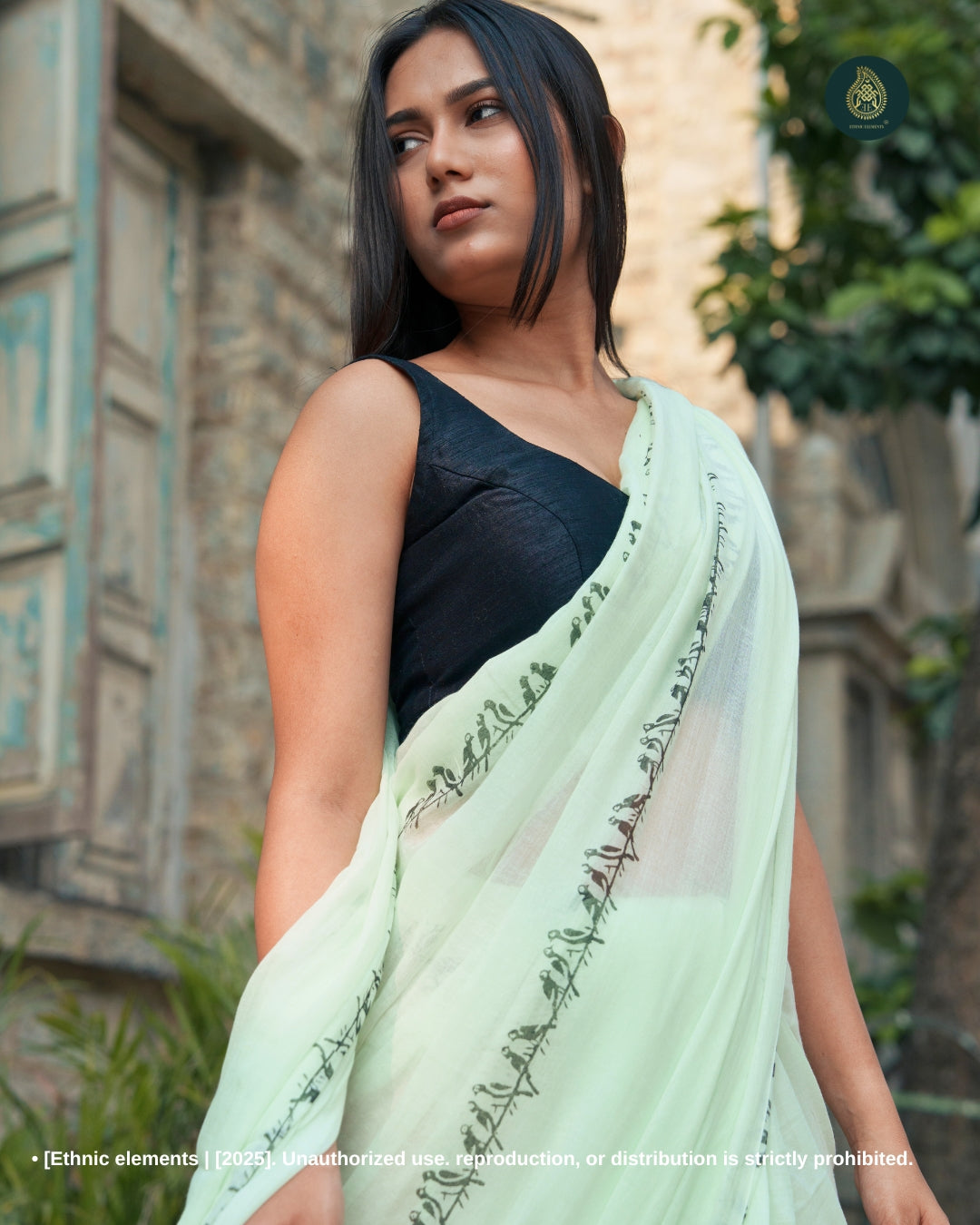 Hand Block Printed Mul Cotton Saree - Mint Chidiya
