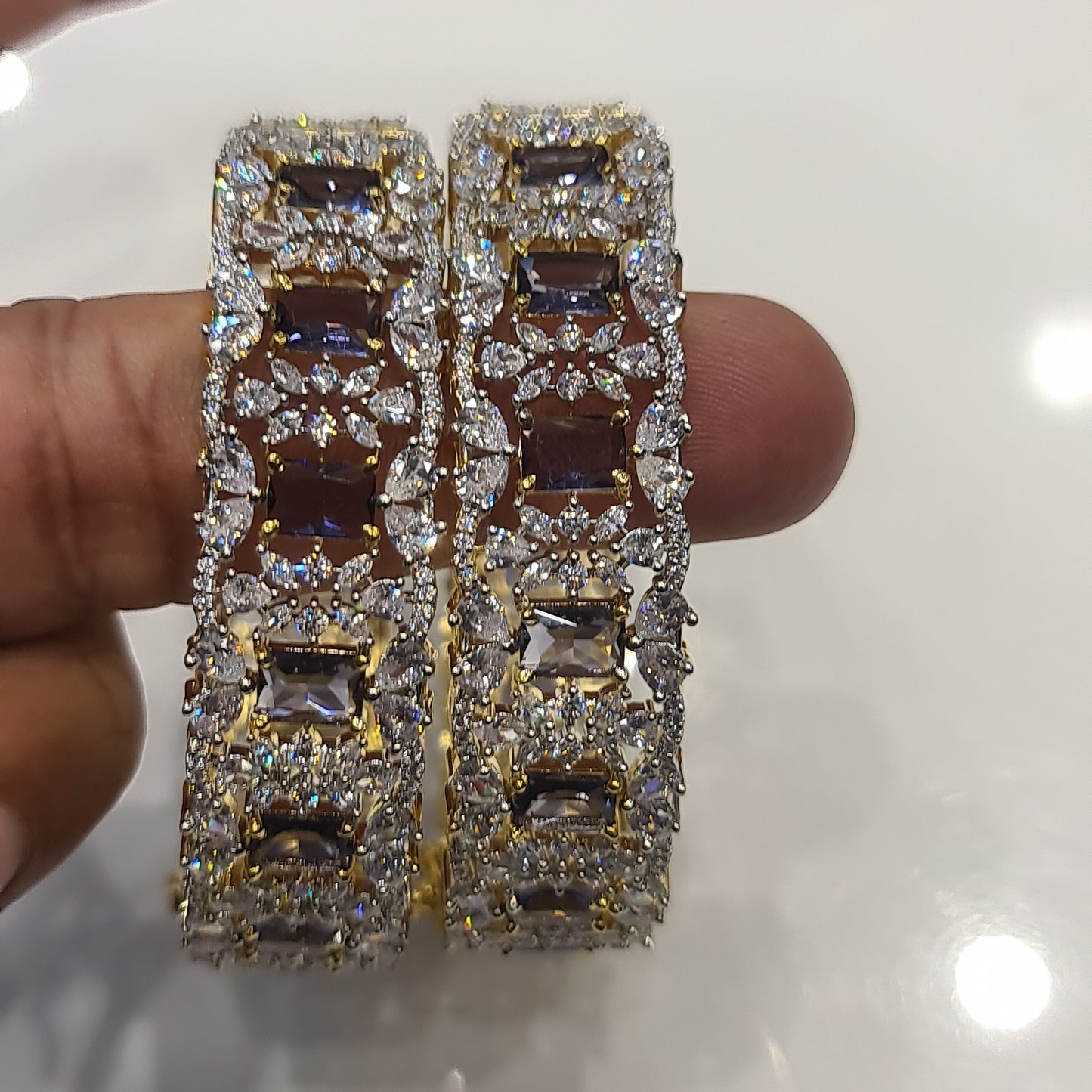 Purple American Diamond Bangles - Regal Elegance Openable Bangles Set