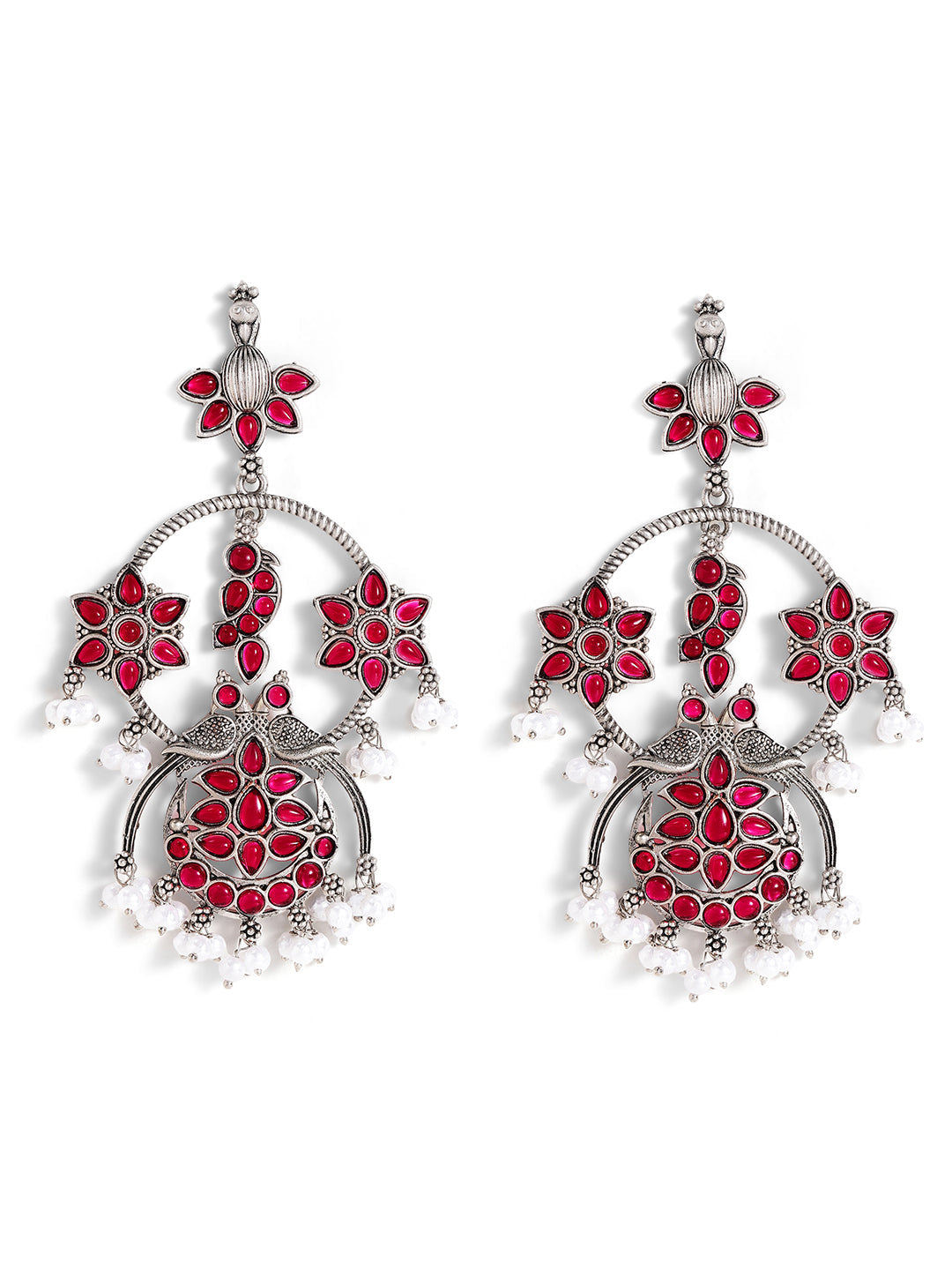 Ruby Stoned Floral Elegance Oxidized Silver Plated Drop Earrings