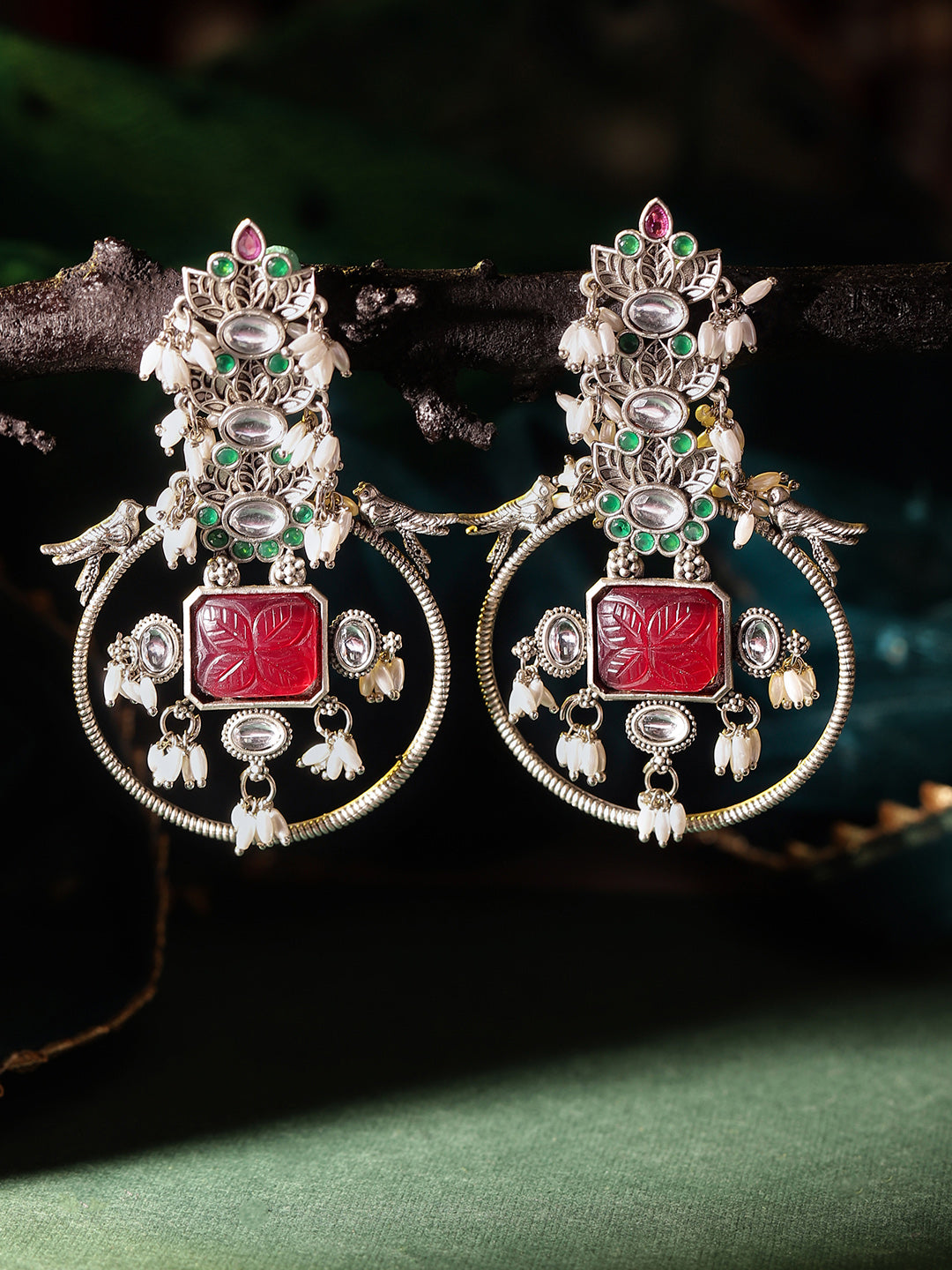 Silver Plated Oxidized Style Floral Pattern Silver Plated Drop Earrings