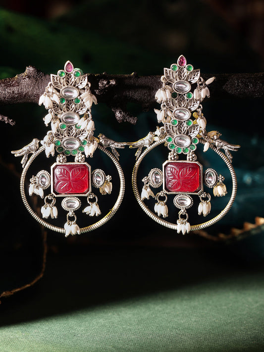 Silver Plated Oxidized Style Floral Pattern Silver Plated Drop Earrings