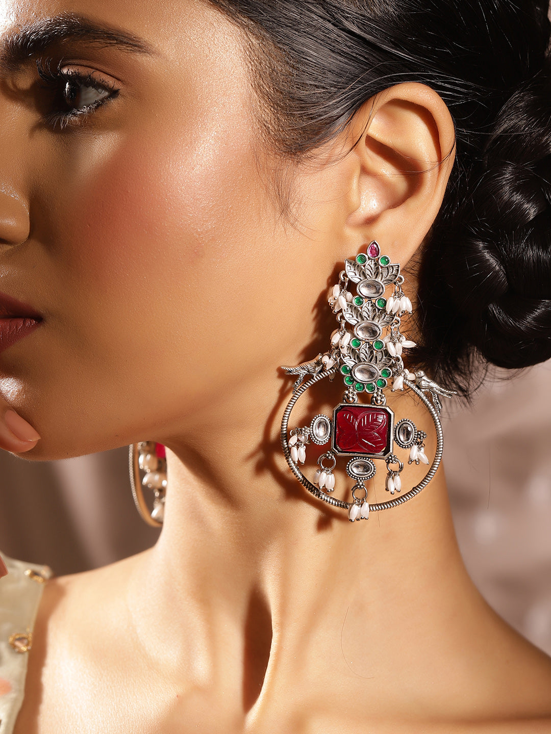 Silver Plated Oxidized Style Floral Pattern Silver Plated Drop Earrings