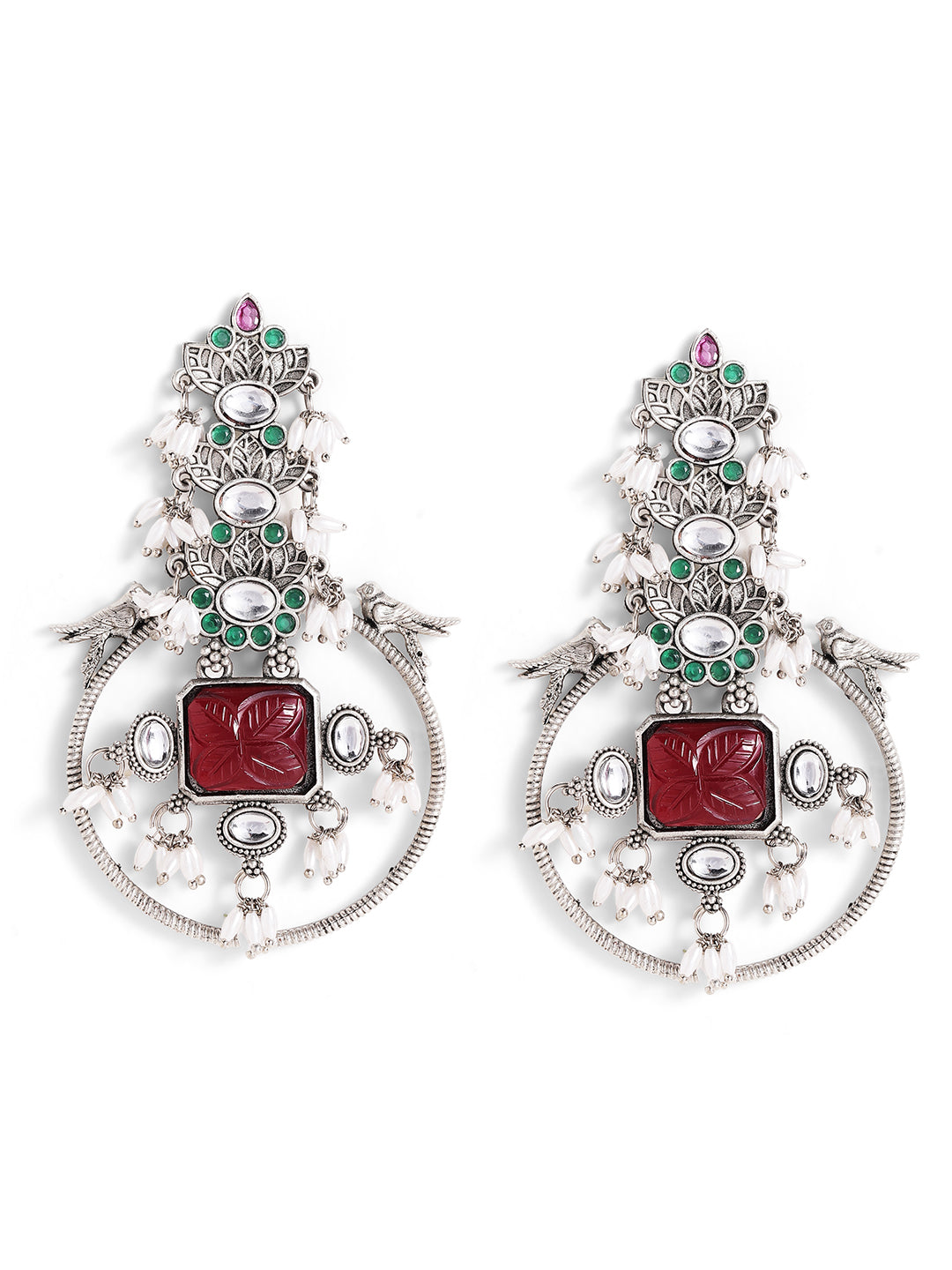 Silver Plated Oxidized Style Floral Pattern Silver Plated Drop Earrings