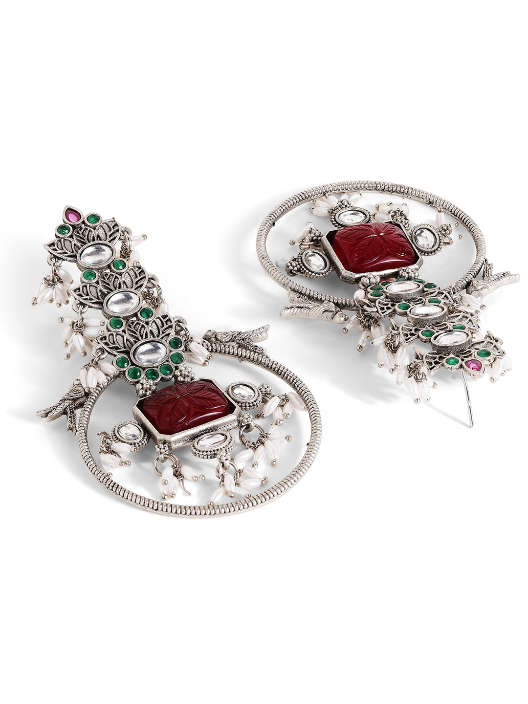 Silver Plated Oxidized Style Floral Pattern Silver Plated Drop Earrings