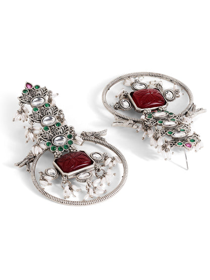 Silver Plated Oxidized Style Floral Pattern Silver Plated Drop Earrings