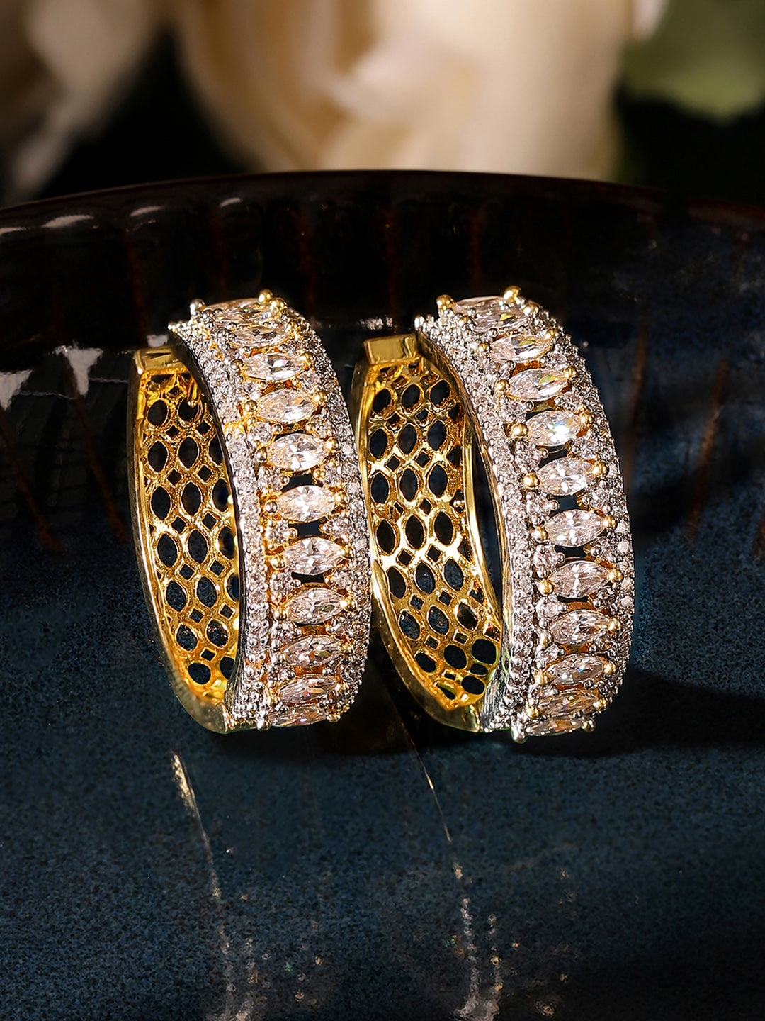 Gold Plated Plain American Diamond Elegant Hoops Earrings