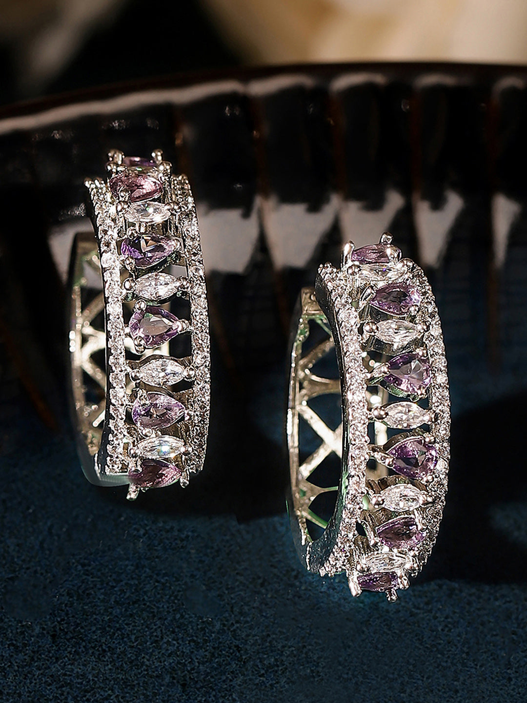 Purple Stoned American Diamond Hoops Silver Plated Earrings