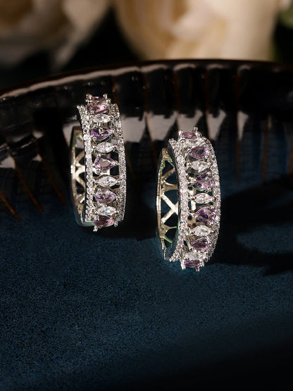 Purple Stoned American Diamond Hoops Silver Plated Earrings