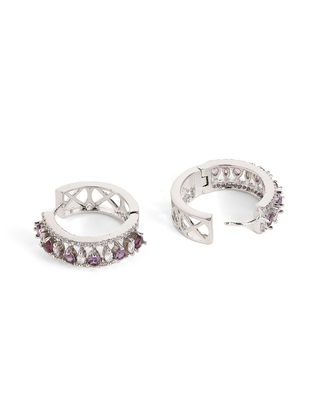 Purple Stoned American Diamond Hoops Silver Plated Earrings