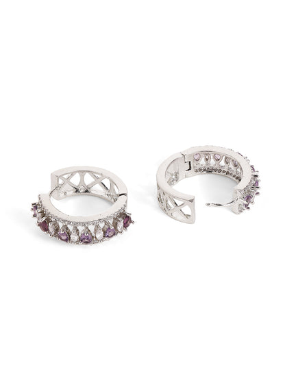 Purple Stoned American Diamond Hoops Silver Plated Earrings