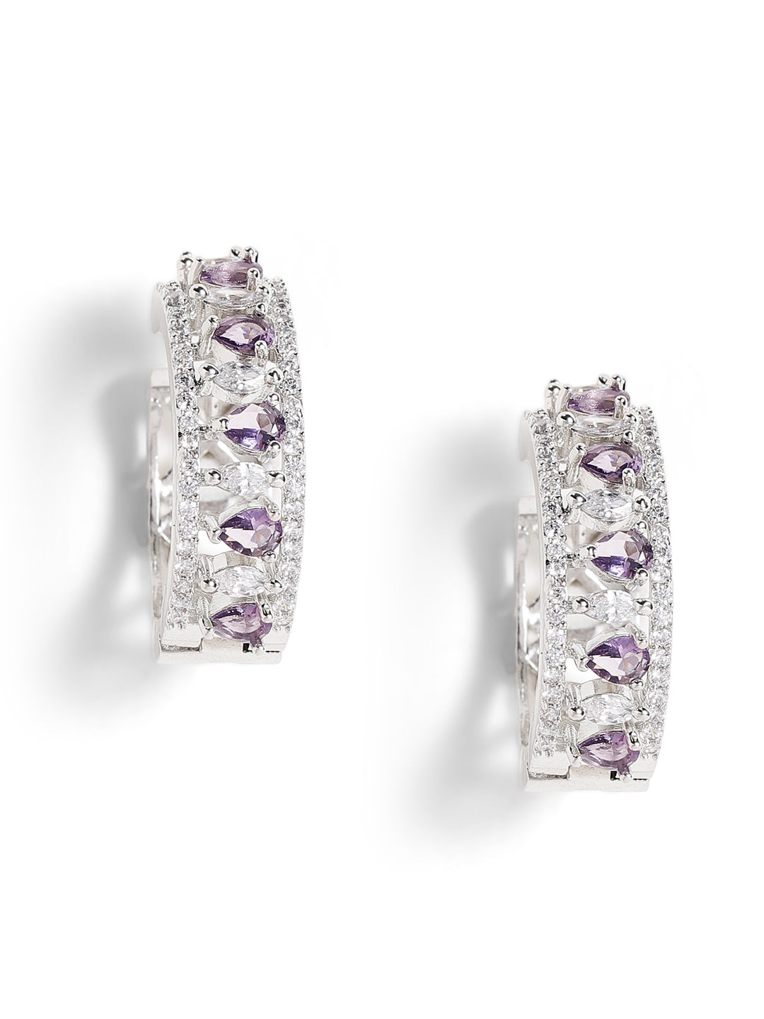 Purple Stoned American Diamond Hoops Silver Plated Earrings