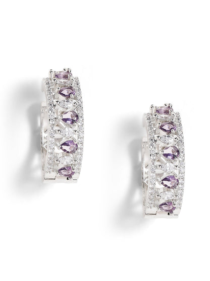 Purple Stoned American Diamond Hoops Silver Plated Earrings