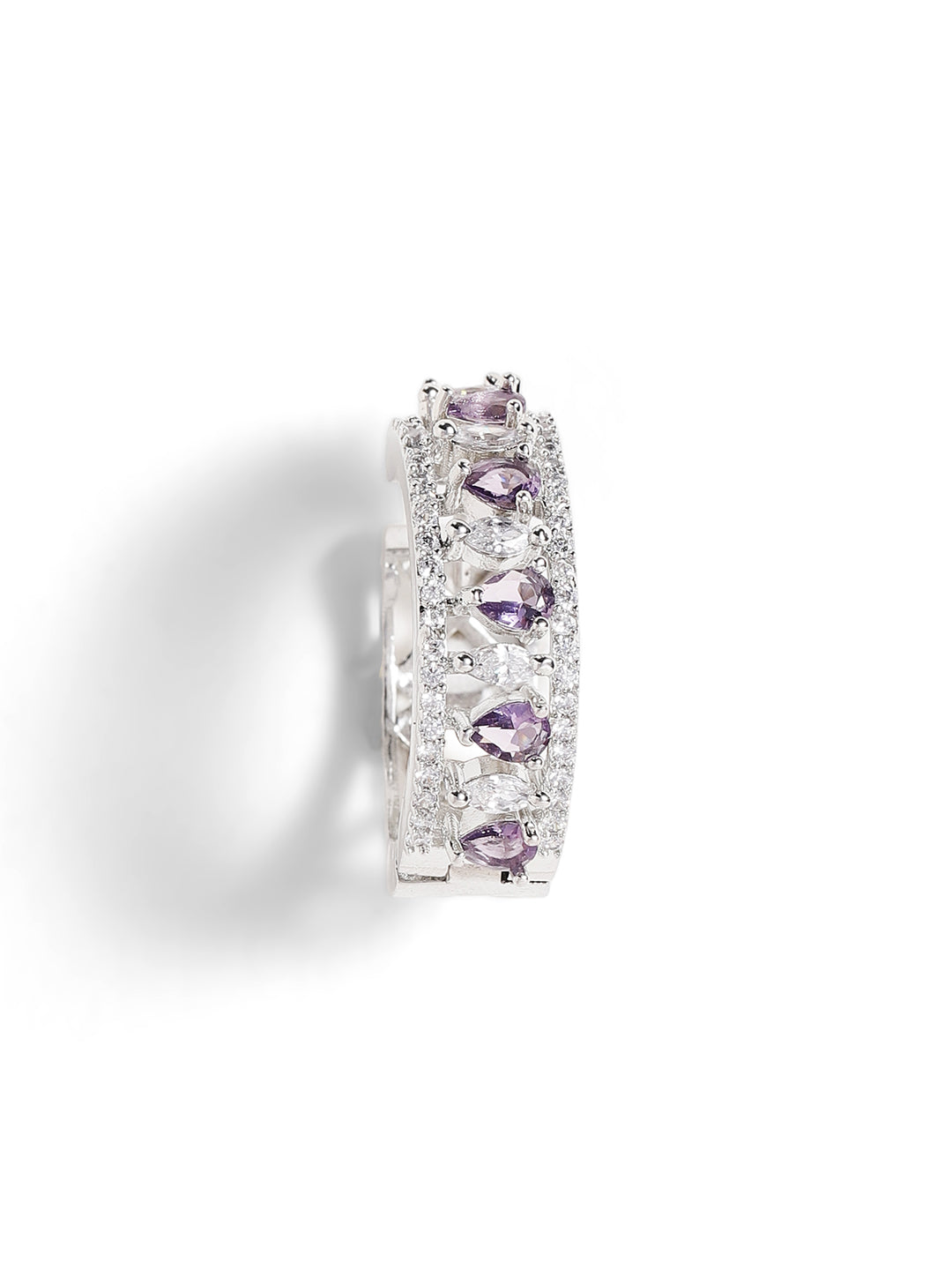 Purple Stoned American Diamond Hoops Silver Plated Earrings