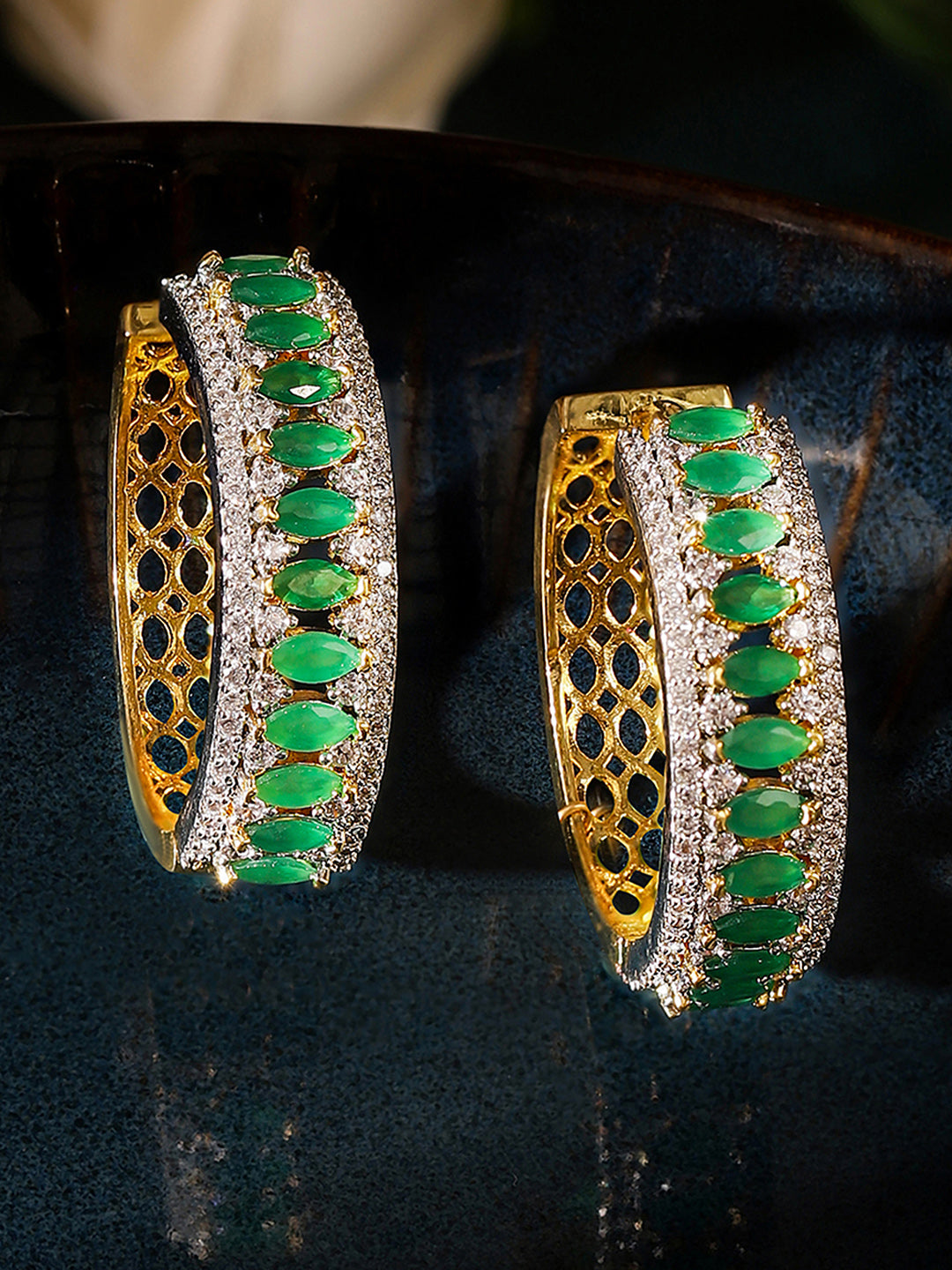 Green Stoned American Diamond Hoops Pattern Silver Plated Earrings