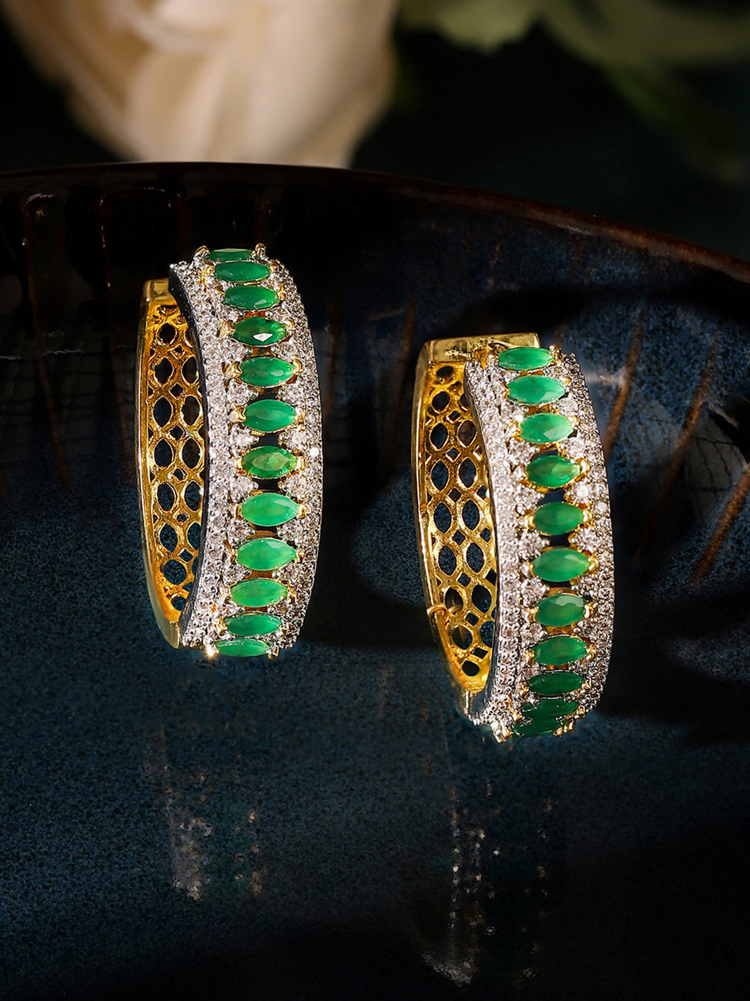 Green Stoned American Diamond Hoops Pattern Silver Plated Earrings