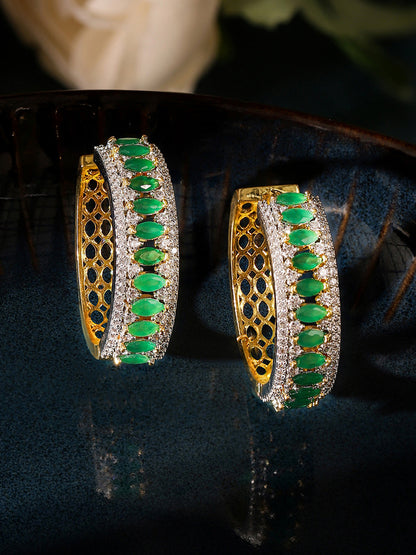 Green Stoned American Diamond Hoops Pattern Silver Plated Earrings