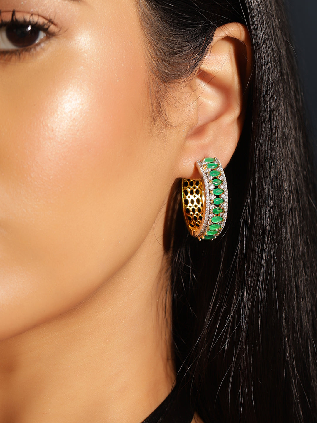 Green Stoned American Diamond Hoops Pattern Silver Plated Earrings