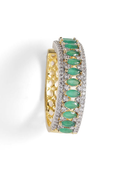 Green Stoned American Diamond Hoops Pattern Silver Plated Earrings