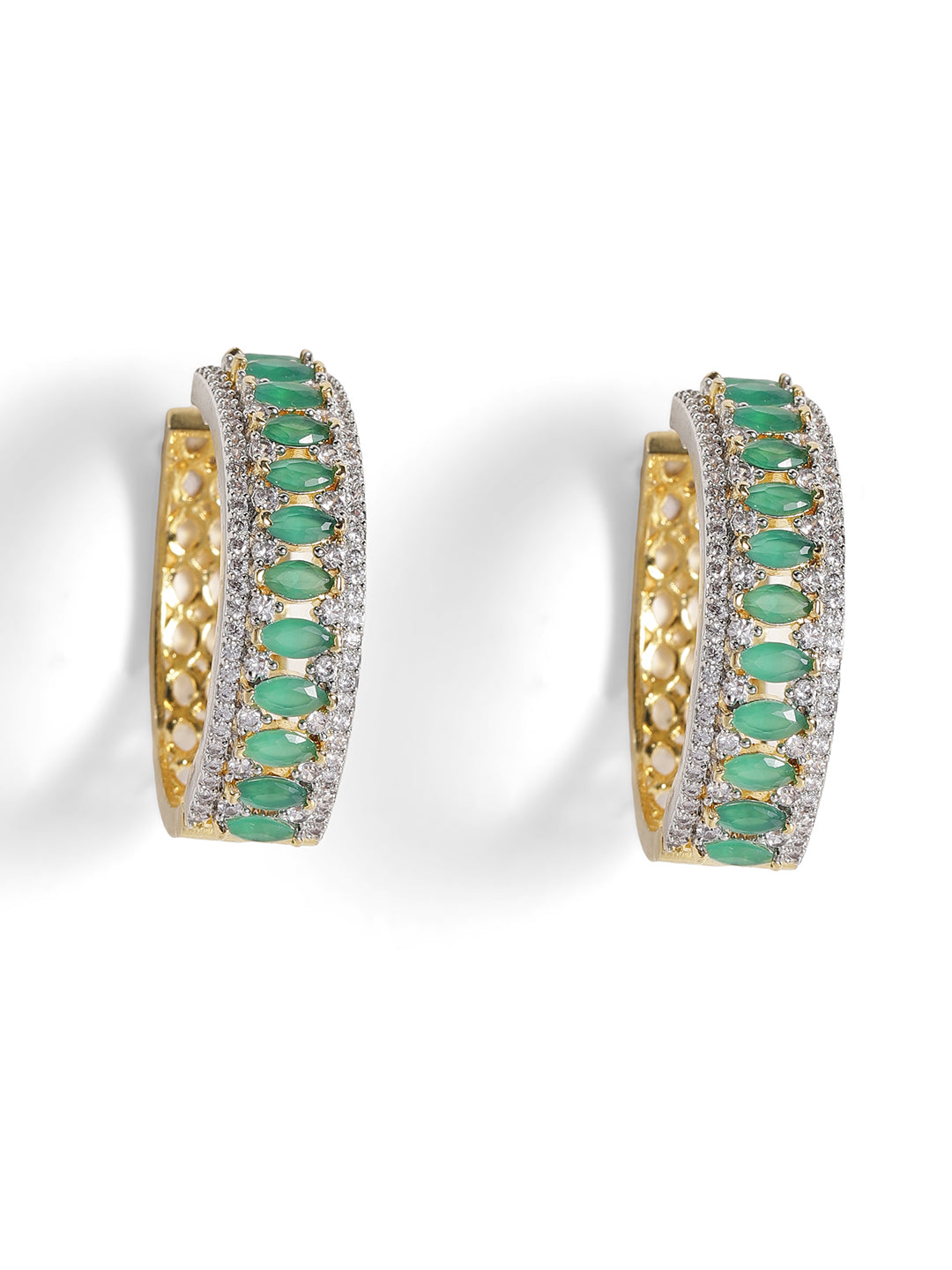 Green Stoned American Diamond Hoops Pattern Silver Plated Earrings