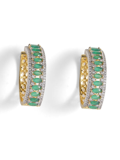 Green Stoned American Diamond Hoops Pattern Silver Plated Earrings
