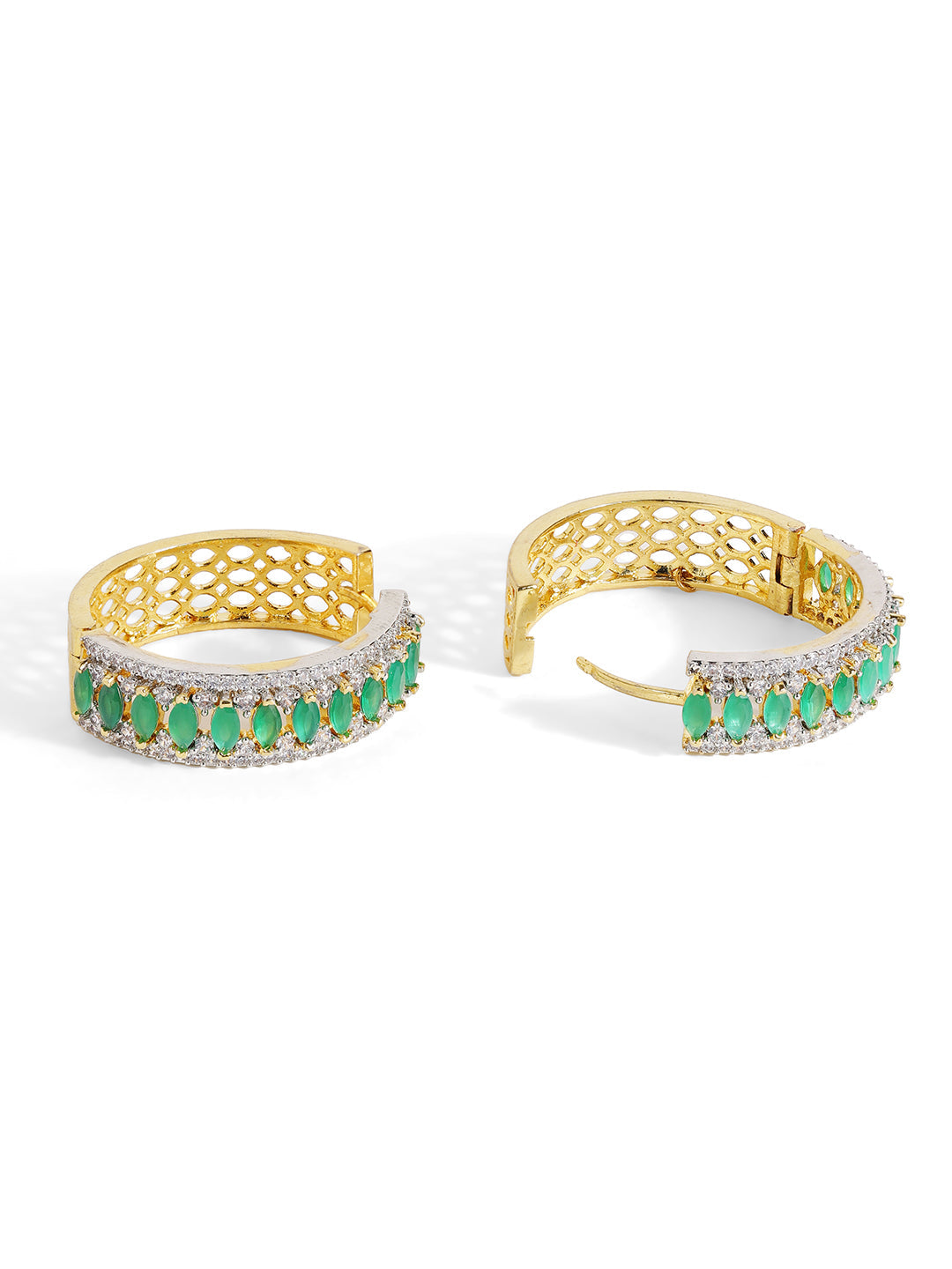 Green Stoned American Diamond Hoops Pattern Silver Plated Earrings