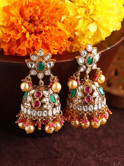 Chic Polki Gold Plated Floral Pattern Jhumkis Earrings