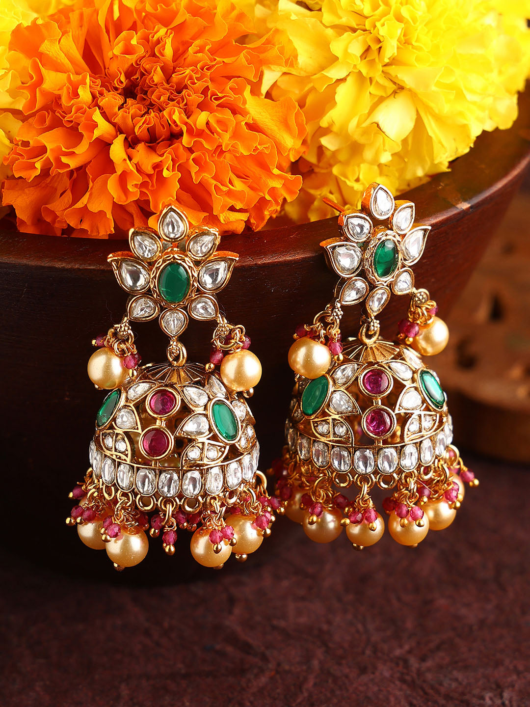 Chic Polki Gold Plated Floral Pattern Jhumkis Earrings