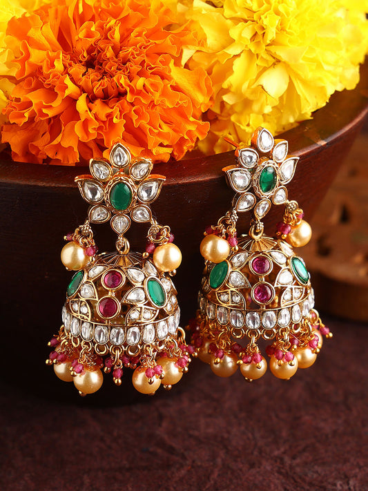 Chic Polki Gold Plated Floral Pattern Jhumkis Earrings