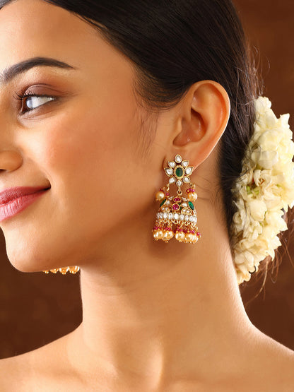 Chic Polki Gold Plated Floral Pattern Jhumkis Earrings