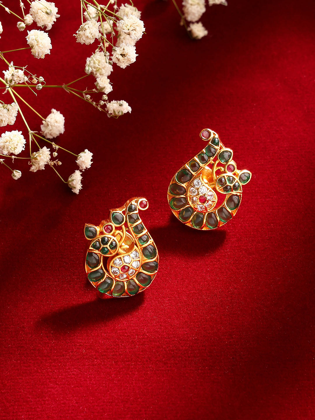 Green Stoned Peacock Design Gold Plated Stud Earrings
