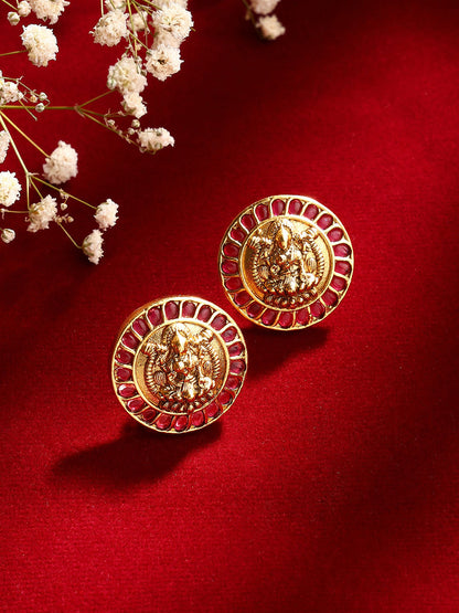 Geometric Ruby Elegance Gold Plated Goddess Stud Earrings